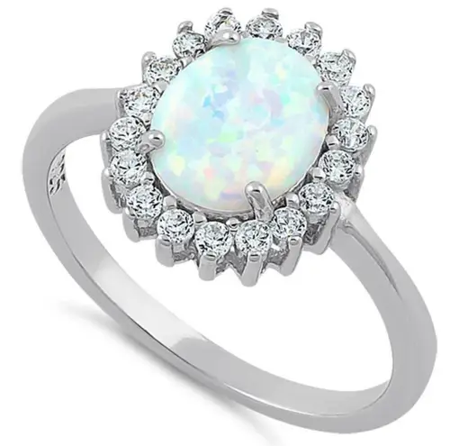 Sterling Silver SIZE 8 925 Oval White Lab Opal CZ Ring