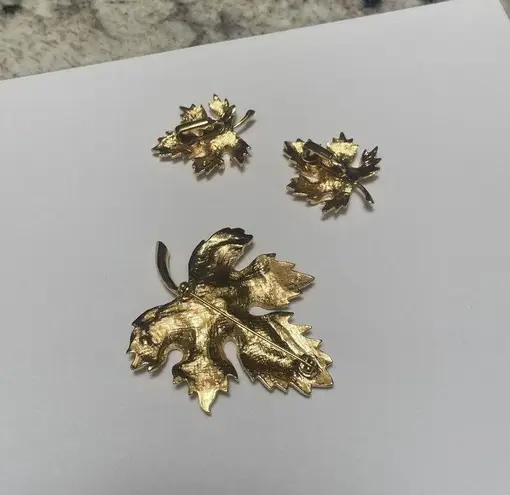 Signed Avon Matching Jewelry Set Gold Tone Brooch & Clip On Earrings