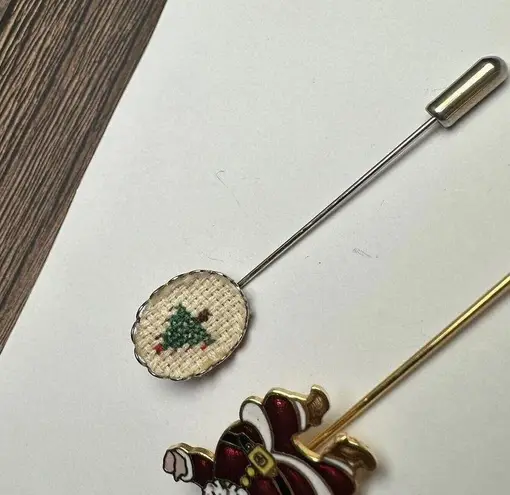 Enamel Santa Claus & Embroidered Christmas Tree Lapel Stick Pin Lot Of 2