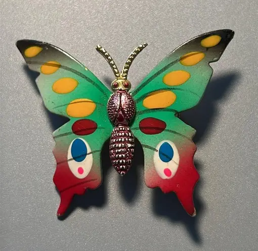 Vintage pointsettia and butterfly enamel on metal brooch set Red