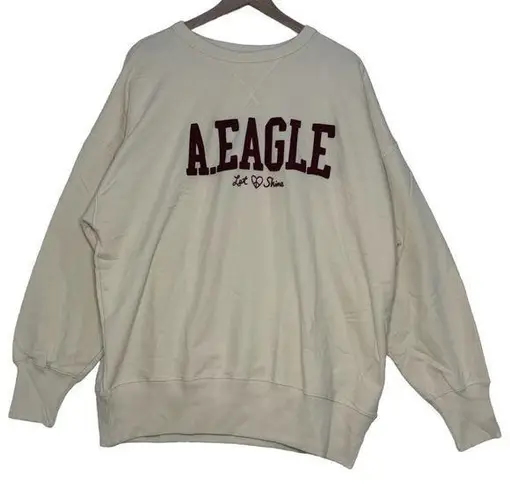 American Eagle Oversized Crew Neck Logo Sweatshirt Size M Cream Burgundy NEW