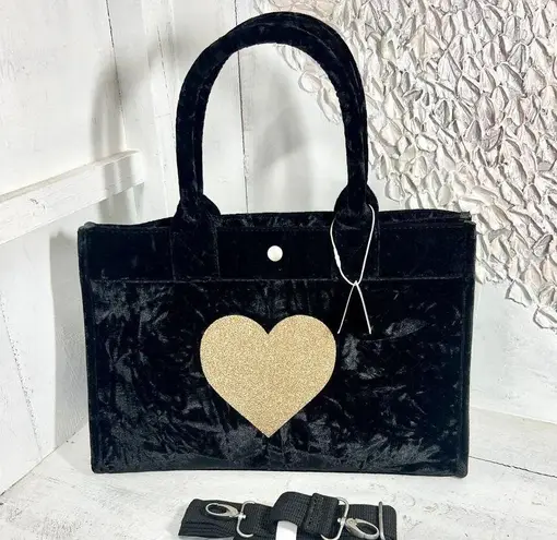 NWT Quilted Koala Crushed Velvet Midi East West Bag w/ Gold Glitter Heart Strap Black