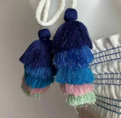 Playa Lucila White Smocked Tassel Spaghetti Strap Tiered Ruffle Maxi Dress Sz XS