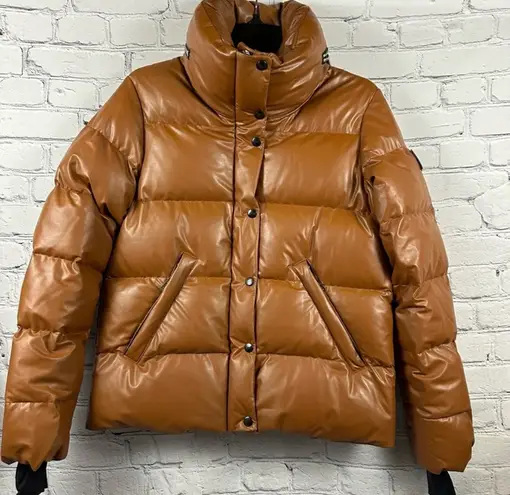 SAM. Isabel Vegan Down Puffer Jacket Faux Leather Stowaway Hood Saddle Brown S