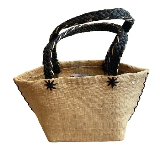 Annabel Ingal 100% Raffia Tote Bag Tan With Black Handles Handmade in Madagascar