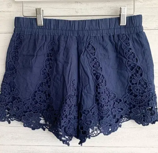 LAmade Navy Lace Crochet Elastic Waist Shorts Blue