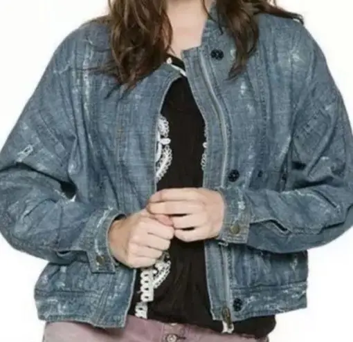 Free People  Distressed Denim Bomber Jean Jacket  Small Zip and Snap Up Front