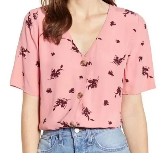 Something Navy  Womens L Short Sleeve Floral Blouse Mauve Pink V-Neck Viscose