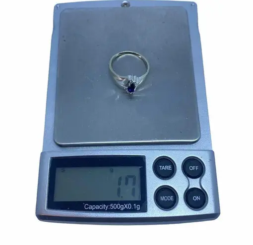 10K White Gold Marquise Blue Sapphire and Tiny 6 Diamonds Ring Size 6 Women’s