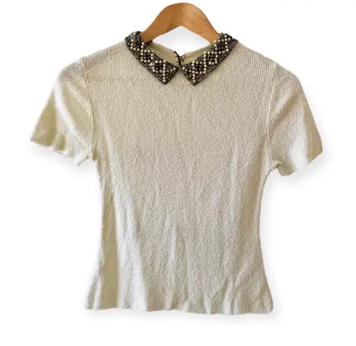 Vintage Rosanna Ivory Knit Blouse, Pearl Beaded & Metal Mesh Collar sz. S Brown