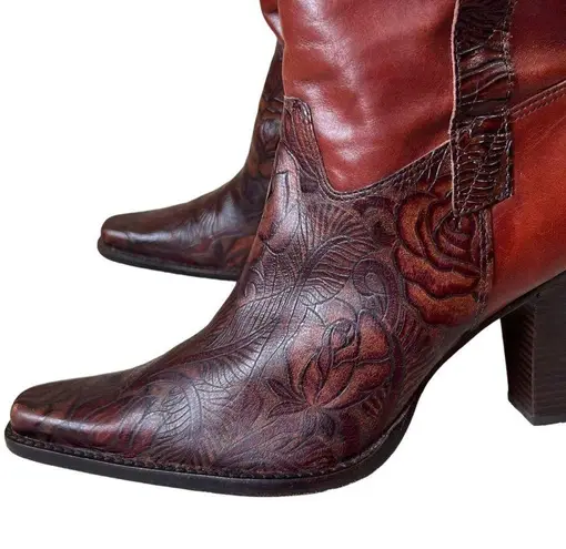 Antonio Melani Cassidy Brown Tooled Floral Leather Western Boots