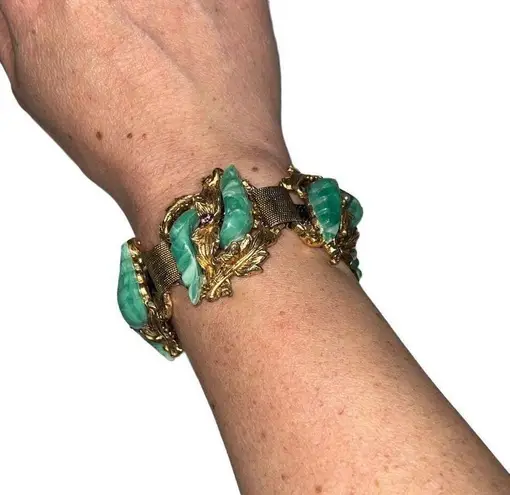 True Vtg 1960s Green & Gold Fold Over Clasp Women’s Designer Costume Bracelet