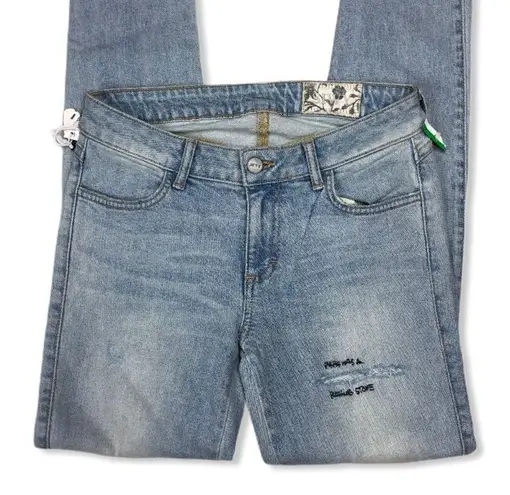 Siwy Hannah Skinny Light Wash Embroidered Quote Distressed Jeans 7 Day Weekend Size 27