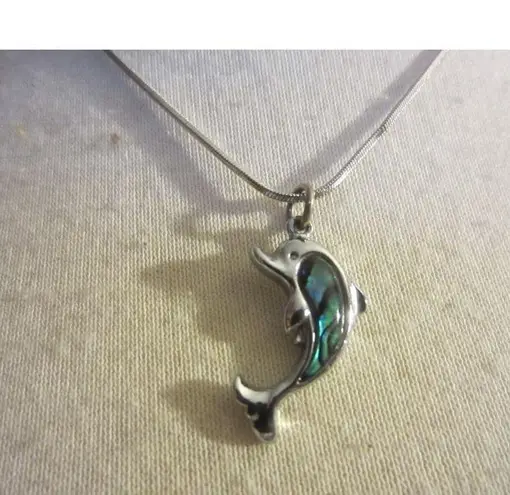 Silver Tone Dolphin Necklace Ocean Abalone Pendant Chain