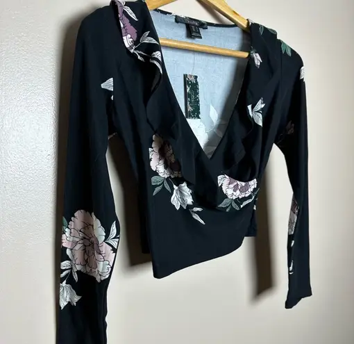 Streetwear Society CLEARANCE! Black Boutique Floral Ruffle Wrap Crop Top Size S NWT