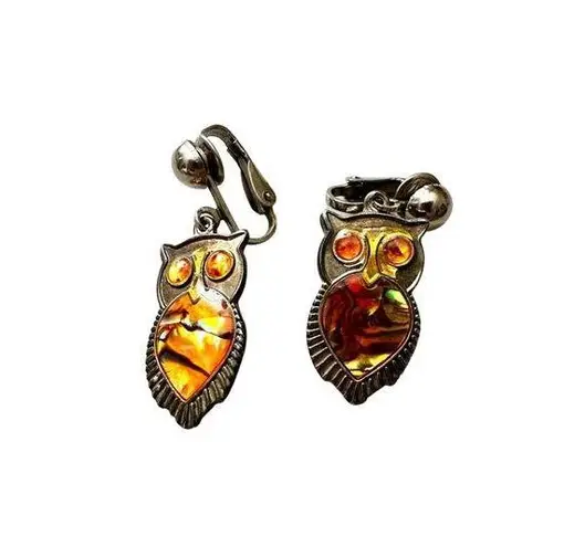 Vintage Owl Clip On Earrings Abalone Shell Yellow Set