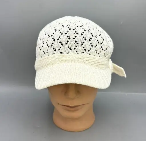 Womens Beret Cap One Size Tan Cotton Eyelet Pattern Crochet Knitted Newsboy Hat
