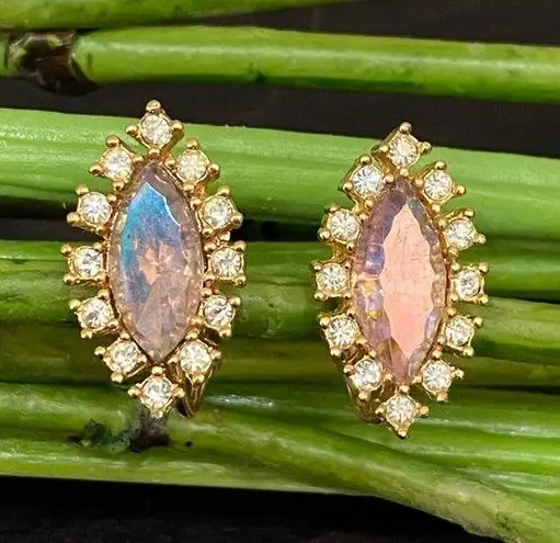 Vintage TARA Signed AB Crystal Aurora Borealis Marquis Navette Clip On Earrings