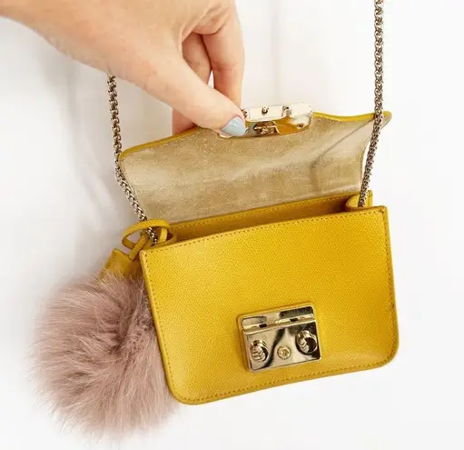 Furla Metropolis Small Crossbody Bag Chain Strap Leather Yellow with Fur Keyring