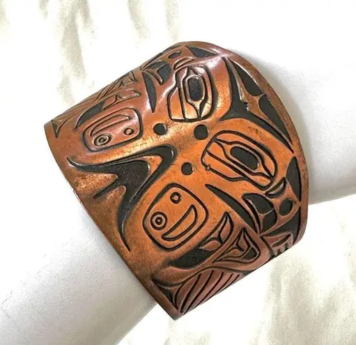 Vintage Northwest Copper solid copper double eagle tiki tribal wide cuff bracelet