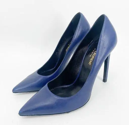 Saint Laurent Paris Pointed Toe Calfskin Pump Navy Blue