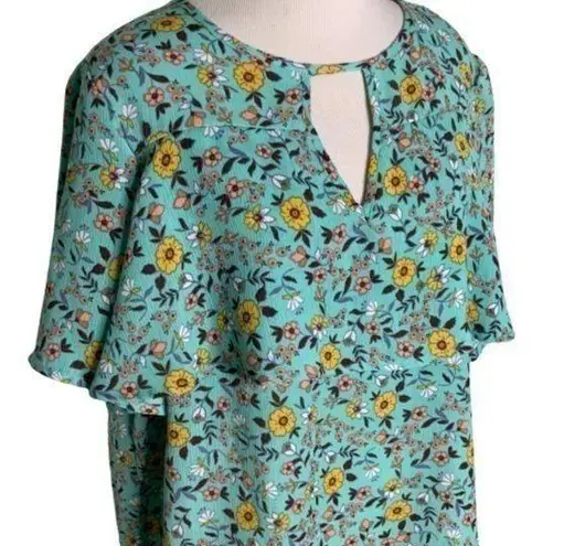 Wishful park Turquoise & Yellow Flowers Boho Short Sleeves Flowy Top S