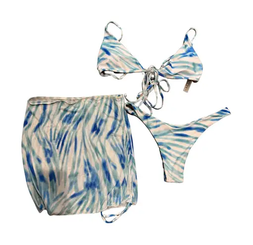 Unbranded NWOT XL 3 Piece Cheeky Bikini Swimsuit Set, Coverup Skirt Blue Tie Dye