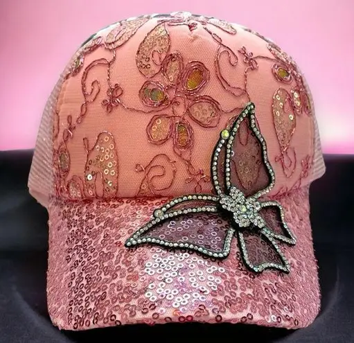 Butterfly Beaded Retro Floral Sequined Rhinestone Y2K Statement Trucker Hat Pink