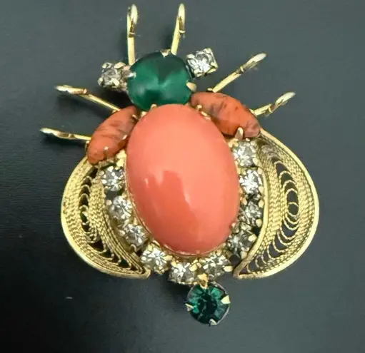 Rare Juliana Delizza & Elster Faux Coral Cabochon Rhinestones Beetle Bug Brooch Orange