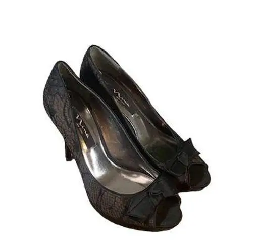 Nina NY Black Lace Bow Front Detail Formal Peep Toe Heels Women SZ 8