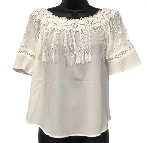White Off Shoulder Crochet Tassel Fringe Blouse Boho Chic Festival Top M Size M