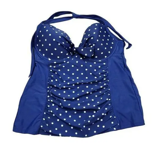 Tropical Escape Halter Tankini Swim Top Retro Push Up Bra Blue Polka Dot Size 14