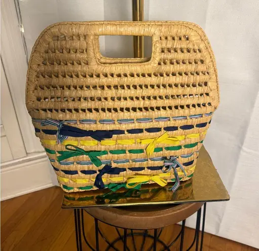 Vintage Woven Raffia Tote Bag with Colorful Ribbon Accents Blue
