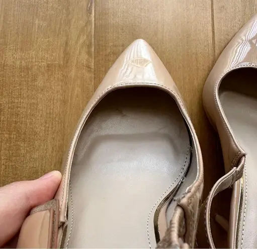 Platanitos Pointed Toe Patent Leather Heels with Bow, Nude, Size 38 (US 7) Tan