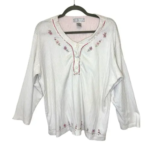 Earth Angels Vintage Floral Embroidered Cottagecore Henley Top L Soft Knit