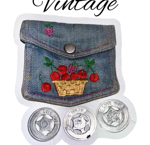 Vintage denim cherry basket coin purse • button pouch • with lucky coins