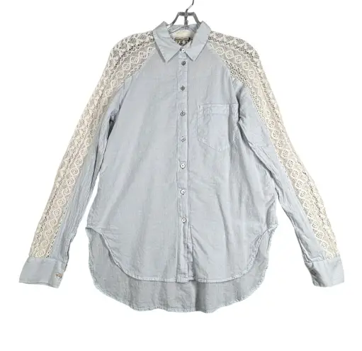 Holding Horses Shirt Womens Small Blue White Striped Crochet Button Down Top