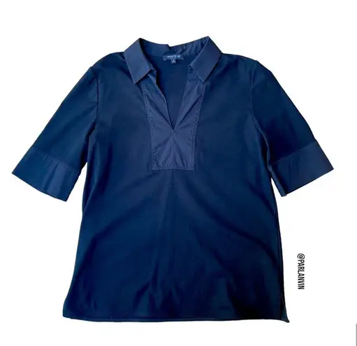 Lafayette 148 Classic Black Polo Collar V Neck Knit Daily Simple Top Size Small