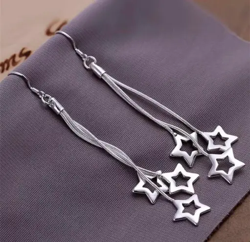 Hollow Stars Tassels Dangle Earring Silver