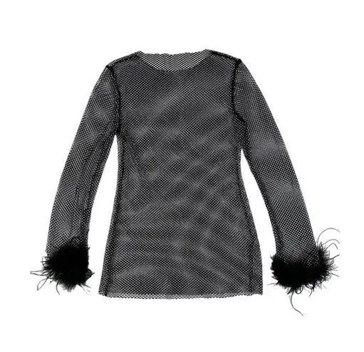 None Sparkly Mesh See Through Net Mini Dress Cover Up with Faux Fur Cuffs in Black