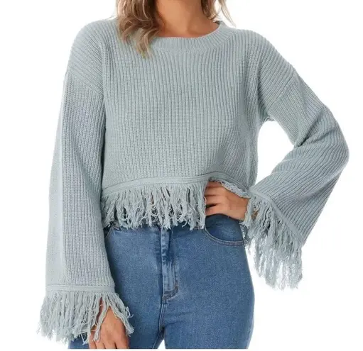 Somedays Lovin Be Free knit fringe semi-cropped sweater duck egg blue S small