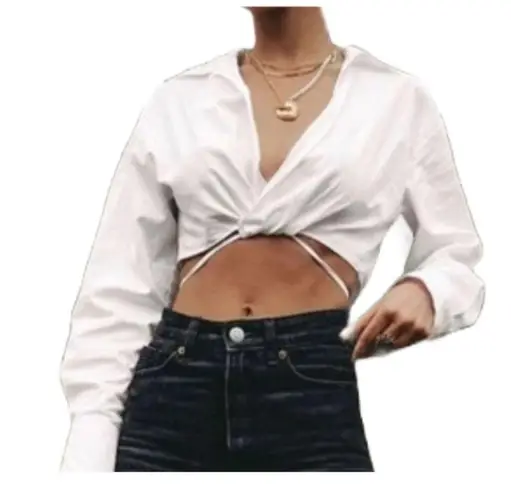 ZARA  Womens XS White Cross Over Surplice Cropped Top Cottagecore Boho Chic - Image 2