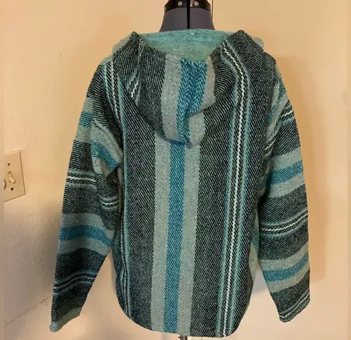 Mexican Poncho Baja Hoodie Surfer Drug Rug Pullover Made in Mex Unisex Turquoise Blue Size M