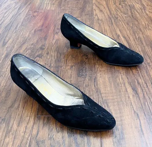 Salvatore Ferragamo Ferragamo • vintage black suede pumps witchy low cuban heel 90s goth point toe
