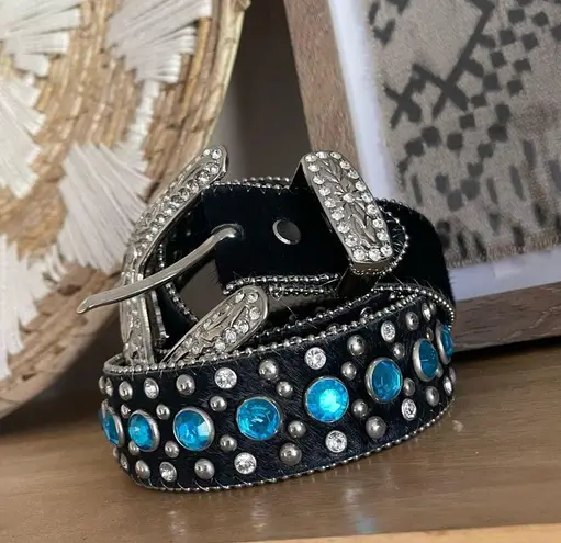 Vintage Boho Blue Jeweled Western Belt SZ S Silver Hardware