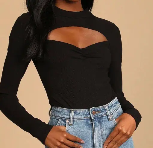 Lulus Flirty Factor Black Ribbed Long Sleeve Cutout Bodysuit