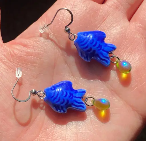 Handmade unique funky cute orange ceramic fish & Czech glass teardrop dangle earrings ⭐️🐟💕