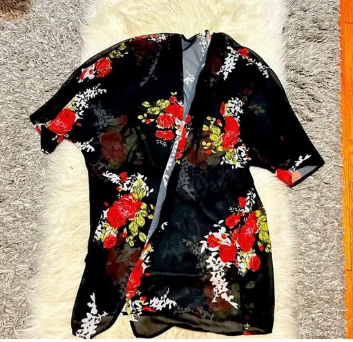 Black Floral Print Sheer Kimono Multiple Size M