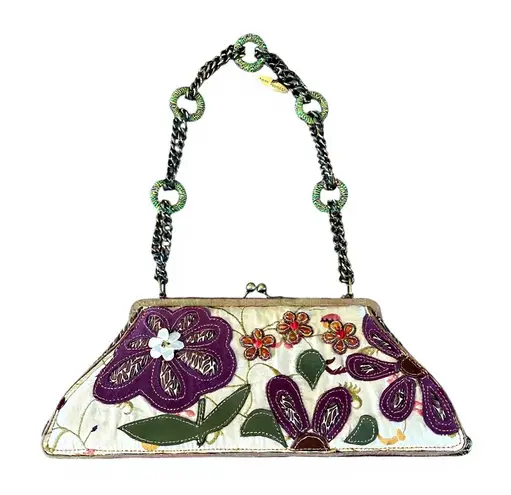 Mary Frances Vintage Embroidered Purse Beaded Floral Chain Strap Kiss Lock Bag Purple
