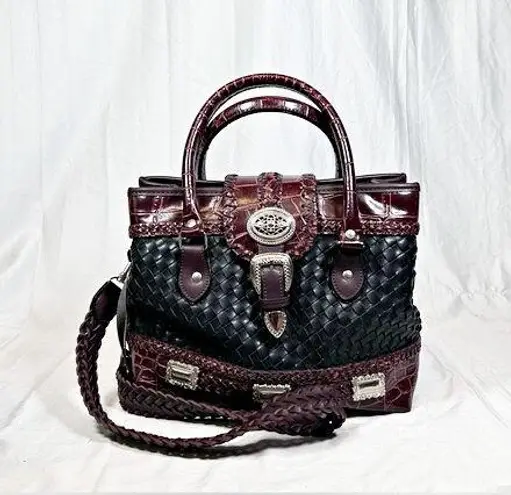 Vintage Western Black Woven Leather Brown Moc Croc Concho Cross Body Satchel Bag